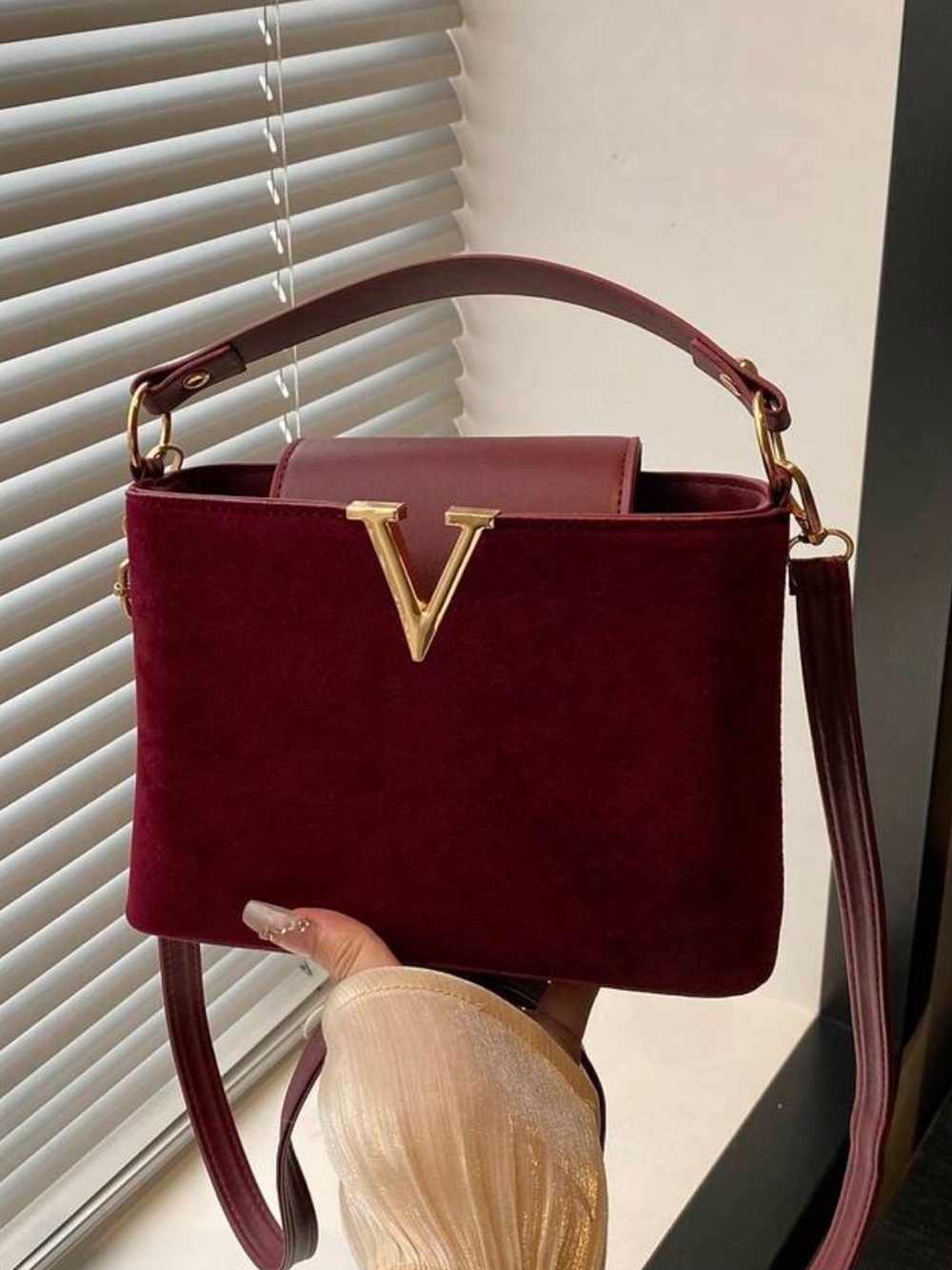 Structured Suede Shoulder Bag in Burgundy with Gold V Accent